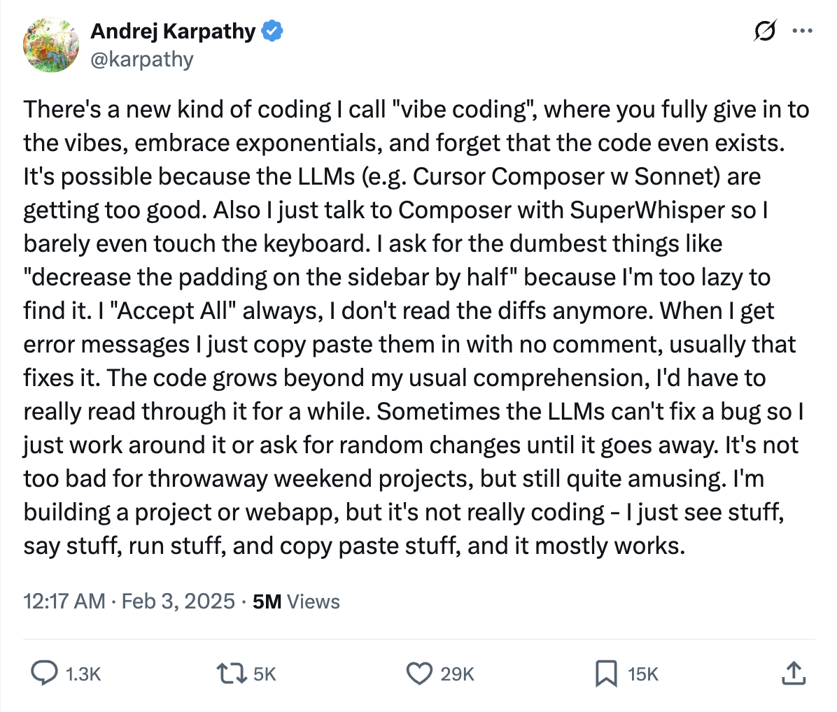 Original vibe coding tweet